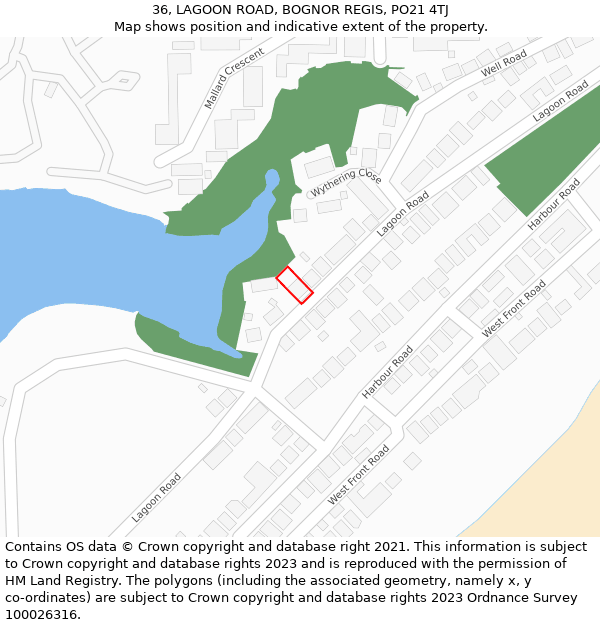 36, LAGOON ROAD, BOGNOR REGIS, PO21 4TJ: Location map and indicative extent of plot