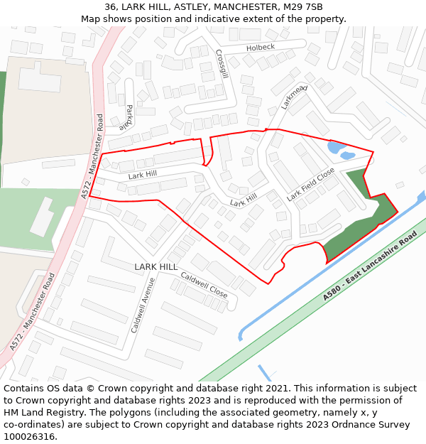 36, LARK HILL, ASTLEY, MANCHESTER, M29 7SB: Location map and indicative extent of plot