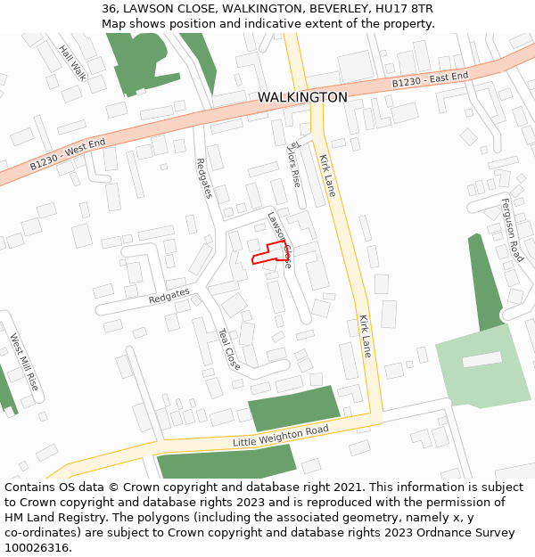 36, LAWSON CLOSE, WALKINGTON, BEVERLEY, HU17 8TR: Location map and indicative extent of plot