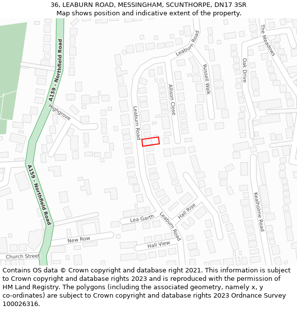 36, LEABURN ROAD, MESSINGHAM, SCUNTHORPE, DN17 3SR: Location map and indicative extent of plot