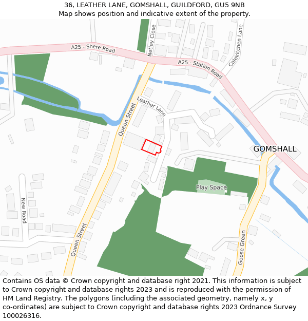 36, LEATHER LANE, GOMSHALL, GUILDFORD, GU5 9NB: Location map and indicative extent of plot