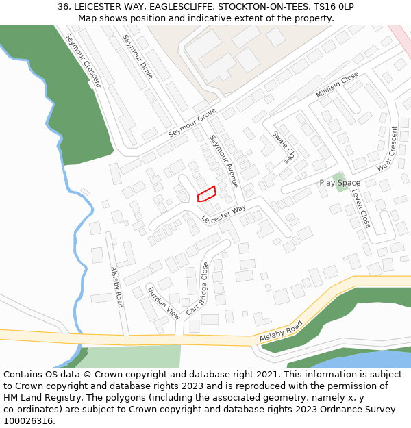 36, LEICESTER WAY, EAGLESCLIFFE, STOCKTON-ON-TEES, TS16 0LP: Location map and indicative extent of plot