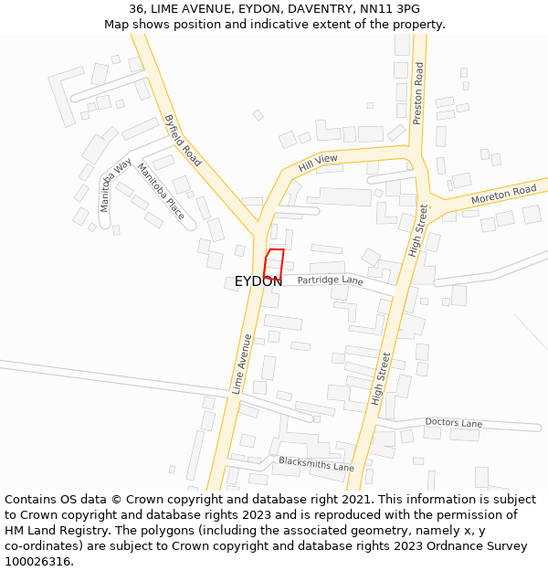 36, LIME AVENUE, EYDON, DAVENTRY, NN11 3PG: Location map and indicative extent of plot