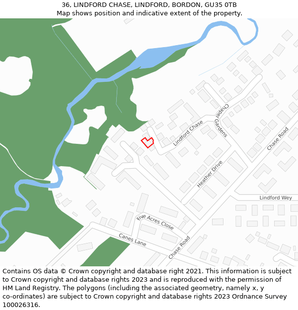 36, LINDFORD CHASE, LINDFORD, BORDON, GU35 0TB: Location map and indicative extent of plot