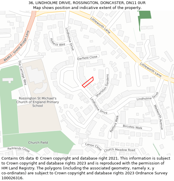 36, LINDHOLME DRIVE, ROSSINGTON, DONCASTER, DN11 0UR: Location map and indicative extent of plot