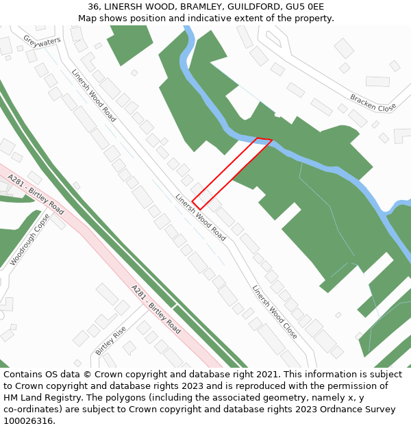 36, LINERSH WOOD, BRAMLEY, GUILDFORD, GU5 0EE: Location map and indicative extent of plot