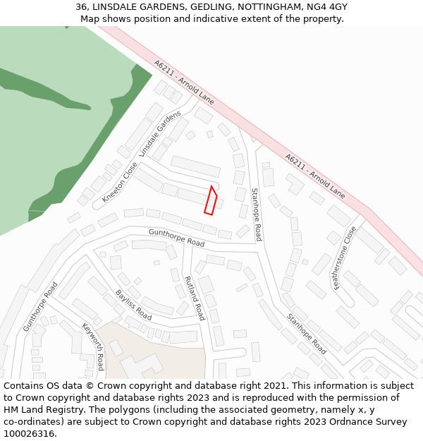 36, LINSDALE GARDENS, GEDLING, NOTTINGHAM, NG4 4GY: Location map and indicative extent of plot
