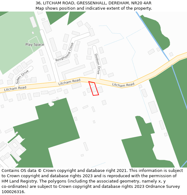 36, LITCHAM ROAD, GRESSENHALL, DEREHAM, NR20 4AR: Location map and indicative extent of plot
