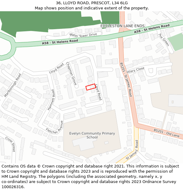 36, LLOYD ROAD, PRESCOT, L34 6LG: Location map and indicative extent of plot