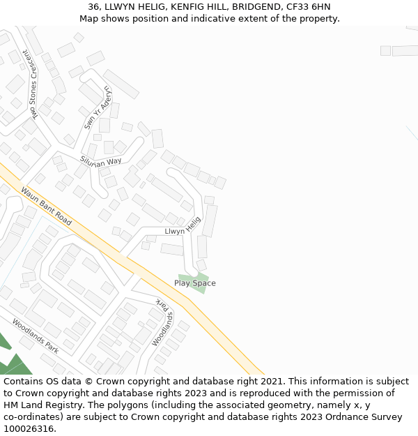 36, LLWYN HELIG, KENFIG HILL, BRIDGEND, CF33 6HN: Location map and indicative extent of plot