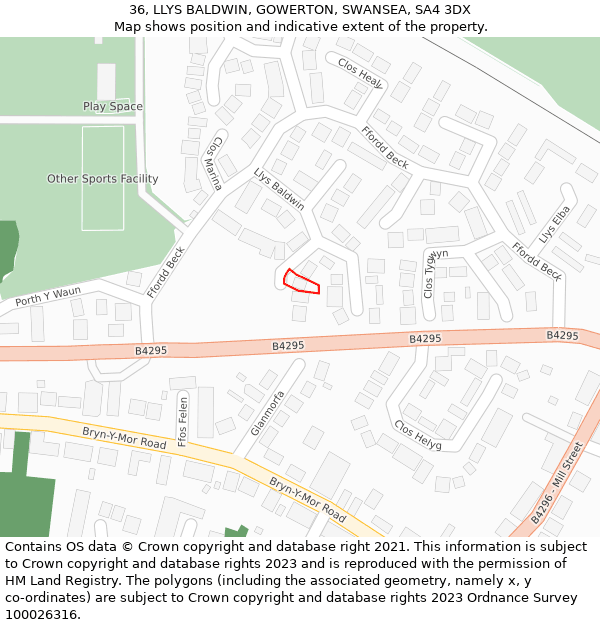 36, LLYS BALDWIN, GOWERTON, SWANSEA, SA4 3DX: Location map and indicative extent of plot