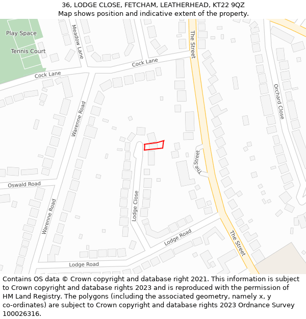 36, LODGE CLOSE, FETCHAM, LEATHERHEAD, KT22 9QZ: Location map and indicative extent of plot