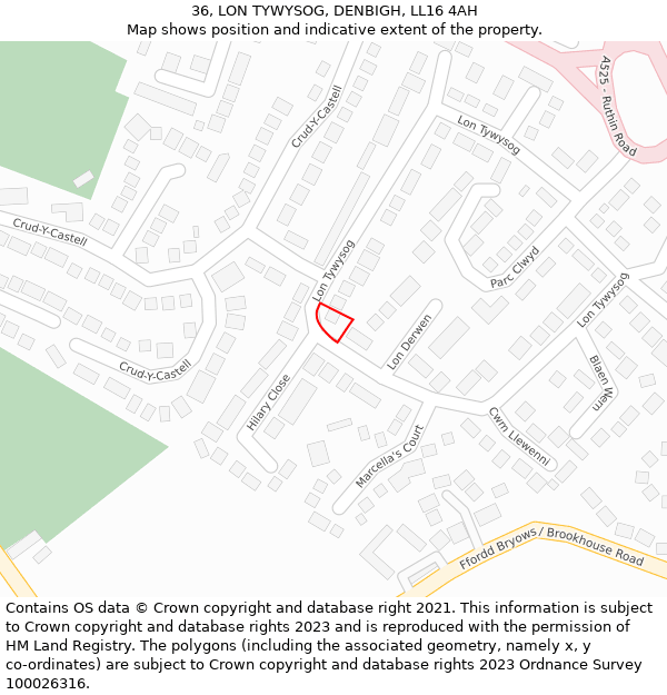 36, LON TYWYSOG, DENBIGH, LL16 4AH: Location map and indicative extent of plot