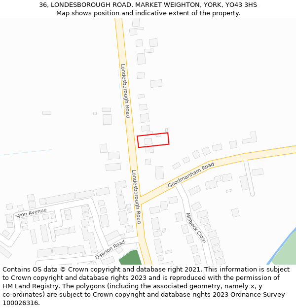 36, LONDESBOROUGH ROAD, MARKET WEIGHTON, YORK, YO43 3HS: Location map and indicative extent of plot