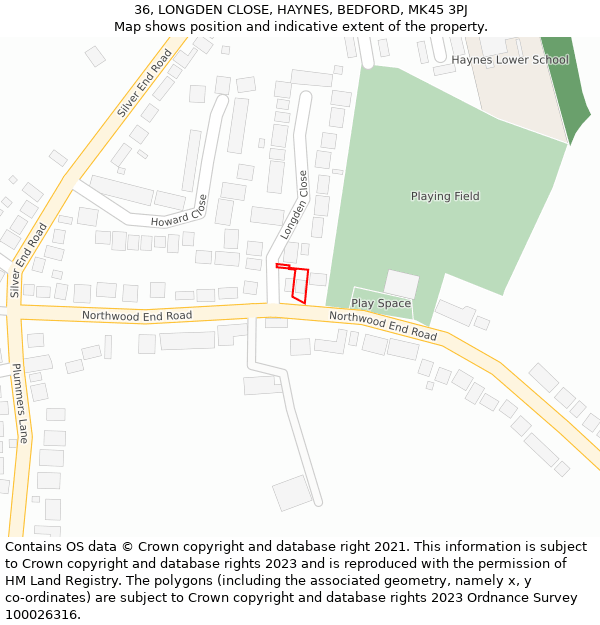 36, LONGDEN CLOSE, HAYNES, BEDFORD, MK45 3PJ: Location map and indicative extent of plot