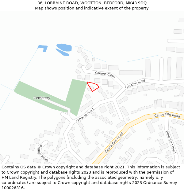 36, LORRAINE ROAD, WOOTTON, BEDFORD, MK43 9DQ: Location map and indicative extent of plot