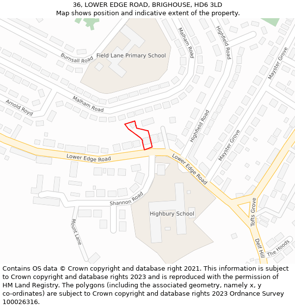 36, LOWER EDGE ROAD, BRIGHOUSE, HD6 3LD: Location map and indicative extent of plot