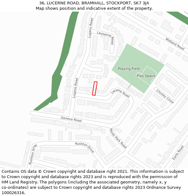 36, LUCERNE ROAD, BRAMHALL, STOCKPORT, SK7 3JA: Location map and indicative extent of plot