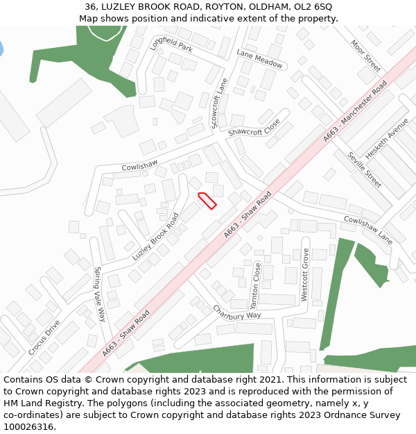 36, LUZLEY BROOK ROAD, ROYTON, OLDHAM, OL2 6SQ: Location map and indicative extent of plot