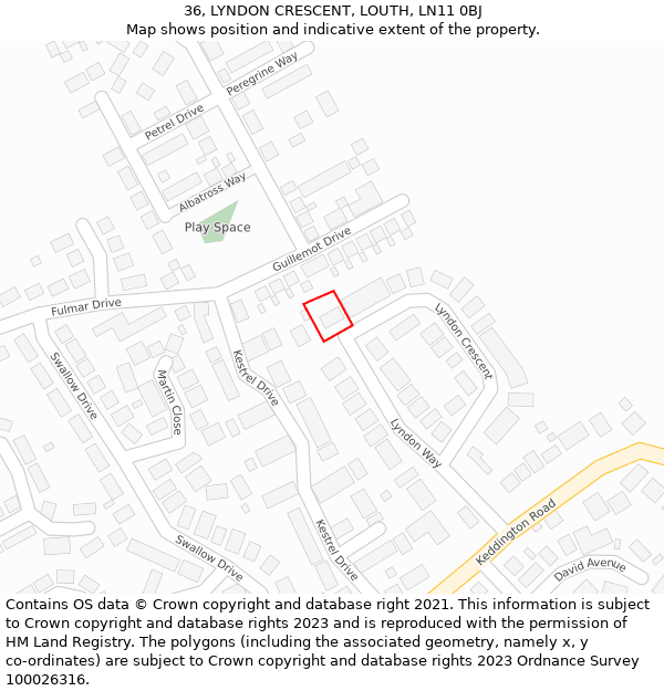 36, LYNDON CRESCENT, LOUTH, LN11 0BJ: Location map and indicative extent of plot