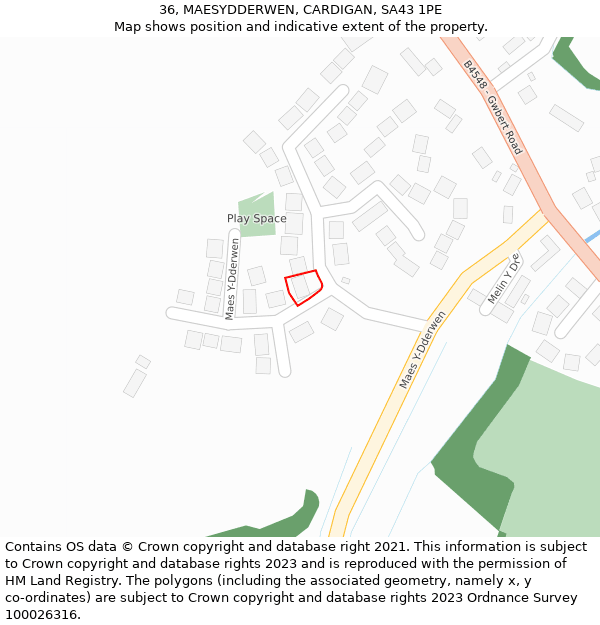 36, MAESYDDERWEN, CARDIGAN, SA43 1PE: Location map and indicative extent of plot
