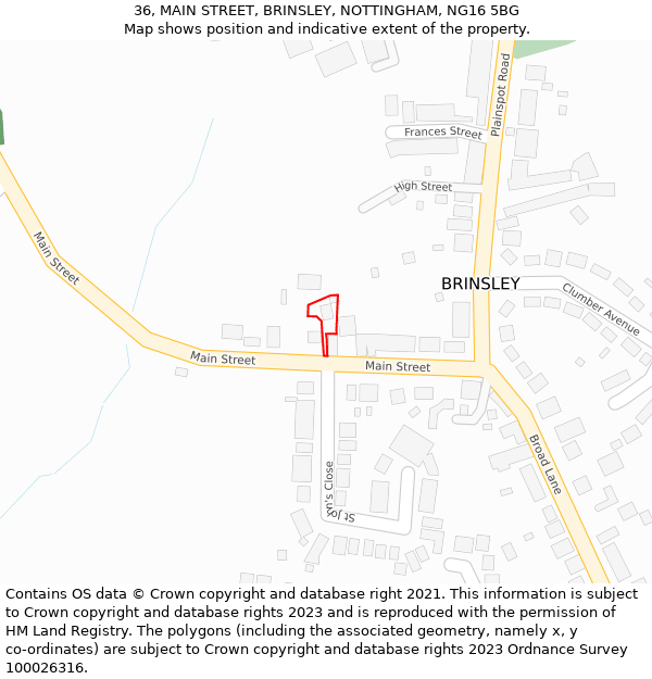 36, MAIN STREET, BRINSLEY, NOTTINGHAM, NG16 5BG: Location map and indicative extent of plot