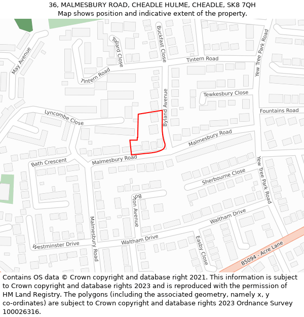 36, MALMESBURY ROAD, CHEADLE HULME, CHEADLE, SK8 7QH: Location map and indicative extent of plot