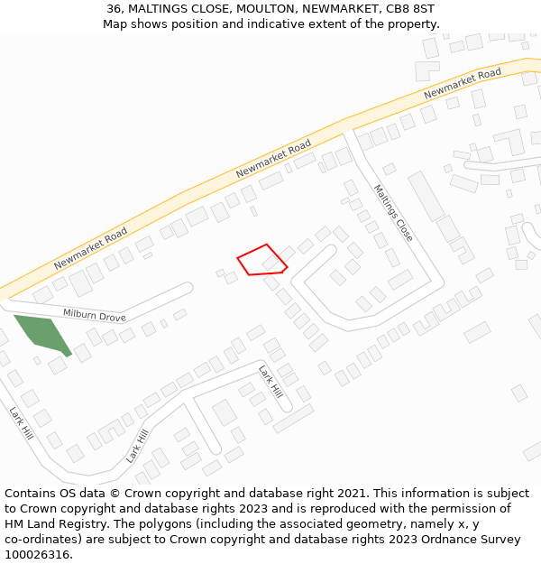 36, MALTINGS CLOSE, MOULTON, NEWMARKET, CB8 8ST: Location map and indicative extent of plot