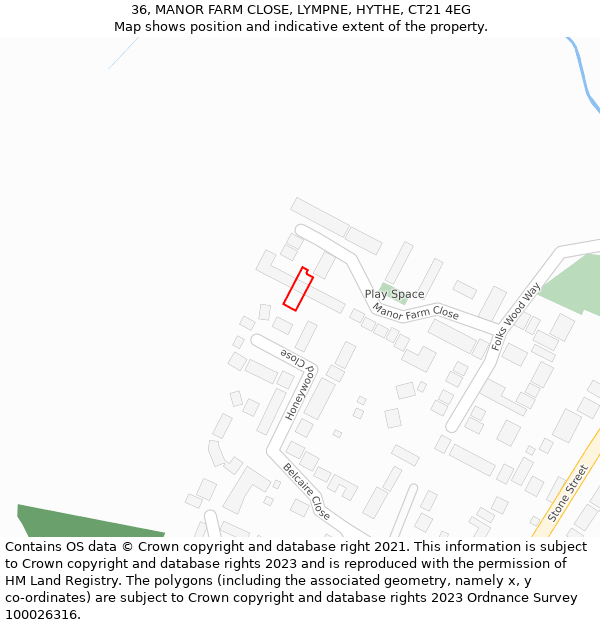 36, MANOR FARM CLOSE, LYMPNE, HYTHE, CT21 4EG: Location map and indicative extent of plot