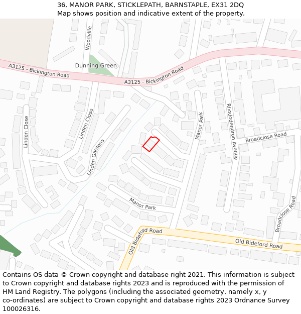 36, MANOR PARK, STICKLEPATH, BARNSTAPLE, EX31 2DQ: Location map and indicative extent of plot