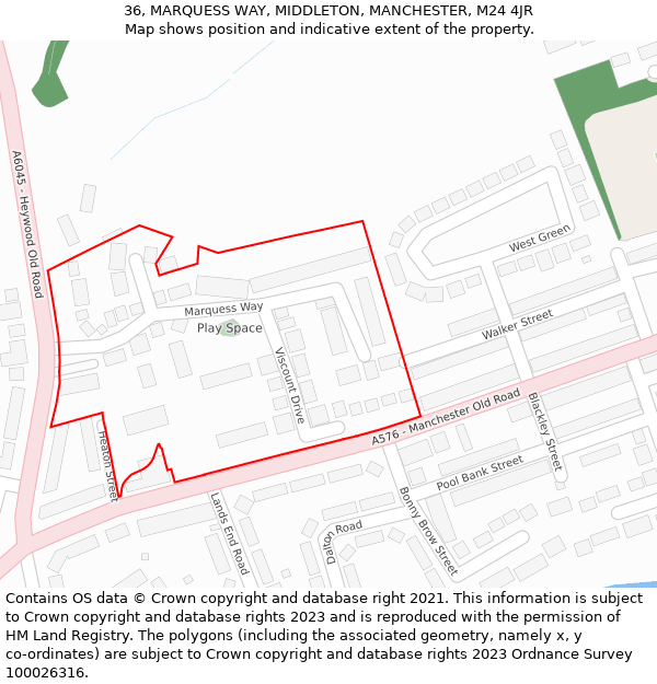 36, MARQUESS WAY, MIDDLETON, MANCHESTER, M24 4JR: Location map and indicative extent of plot