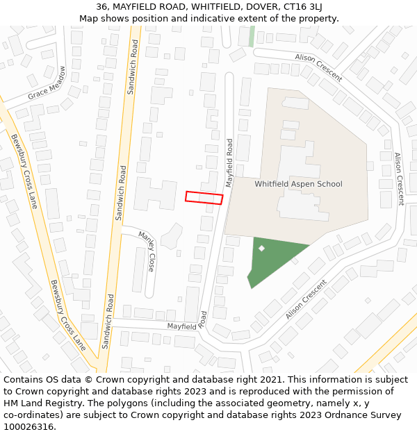 36, MAYFIELD ROAD, WHITFIELD, DOVER, CT16 3LJ: Location map and indicative extent of plot