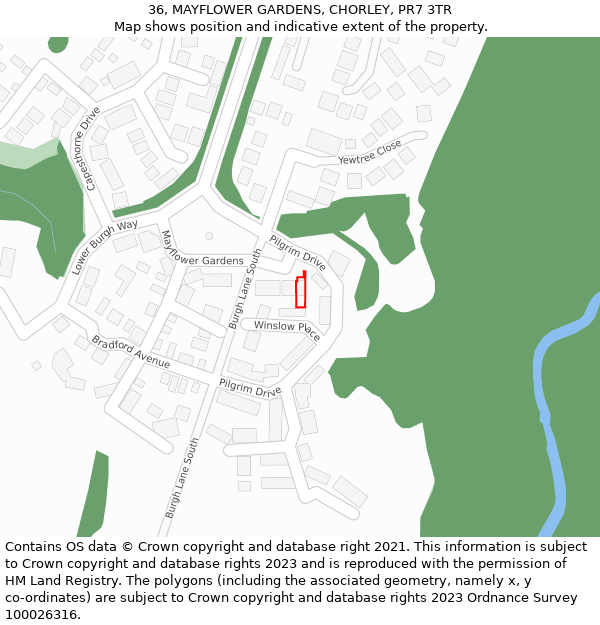 36, MAYFLOWER GARDENS, CHORLEY, PR7 3TR: Location map and indicative extent of plot