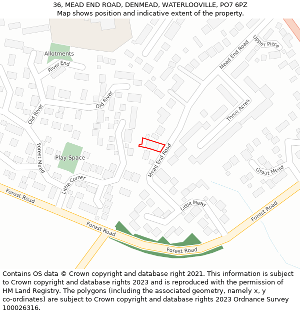 36, MEAD END ROAD, DENMEAD, WATERLOOVILLE, PO7 6PZ: Location map and indicative extent of plot
