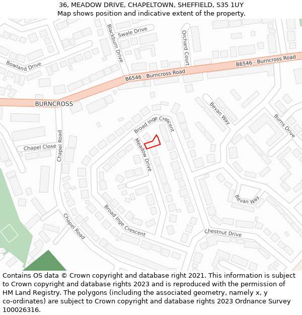 36, MEADOW DRIVE, CHAPELTOWN, SHEFFIELD, S35 1UY: Location map and indicative extent of plot