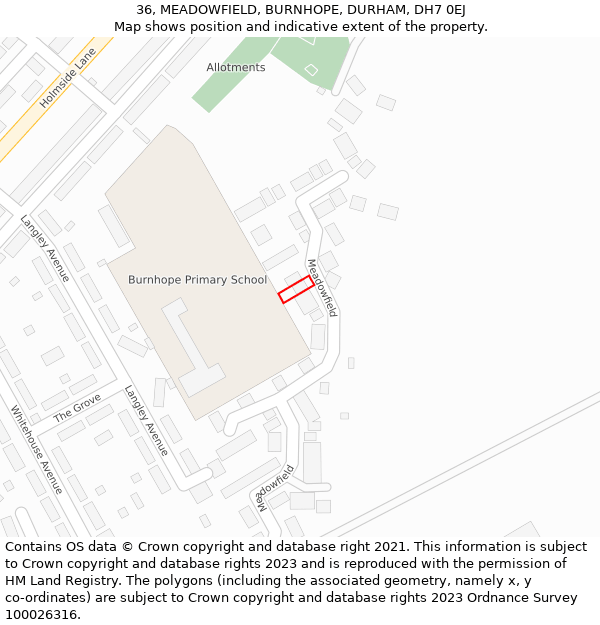 36, MEADOWFIELD, BURNHOPE, DURHAM, DH7 0EJ: Location map and indicative extent of plot