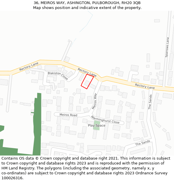 36, MEIROS WAY, ASHINGTON, PULBOROUGH, RH20 3QB: Location map and indicative extent of plot