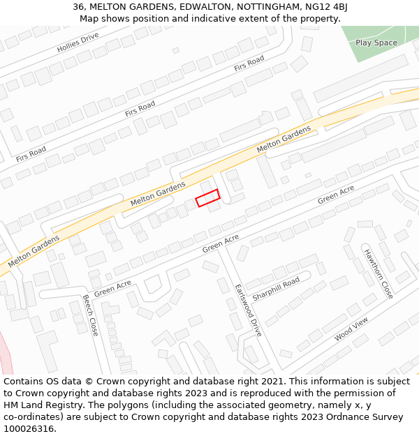 36, MELTON GARDENS, EDWALTON, NOTTINGHAM, NG12 4BJ: Location map and indicative extent of plot