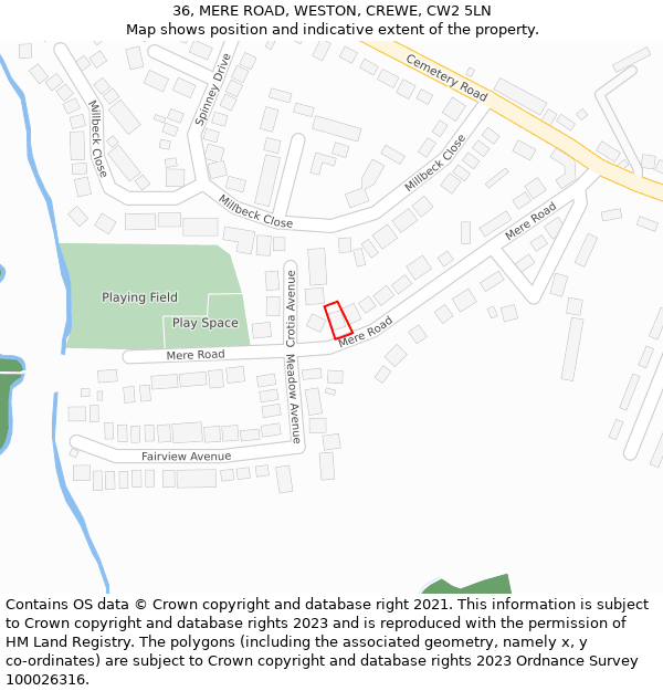 36, MERE ROAD, WESTON, CREWE, CW2 5LN: Location map and indicative extent of plot