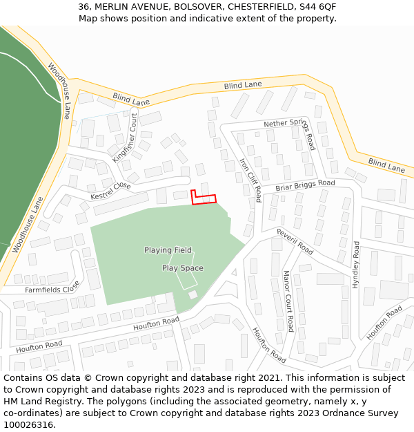 36, MERLIN AVENUE, BOLSOVER, CHESTERFIELD, S44 6QF: Location map and indicative extent of plot