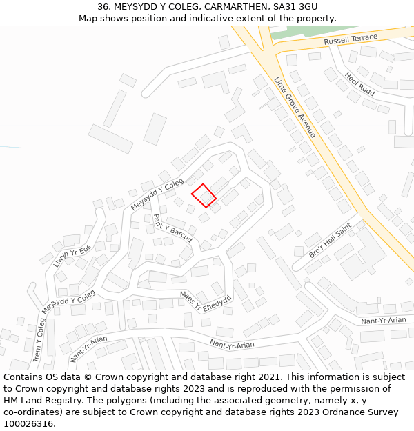 36, MEYSYDD Y COLEG, CARMARTHEN, SA31 3GU: Location map and indicative extent of plot