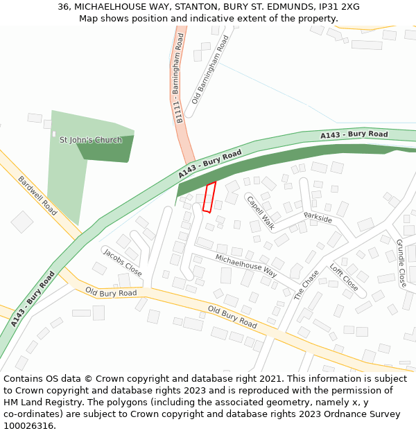 36, MICHAELHOUSE WAY, STANTON, BURY ST. EDMUNDS, IP31 2XG: Location map and indicative extent of plot