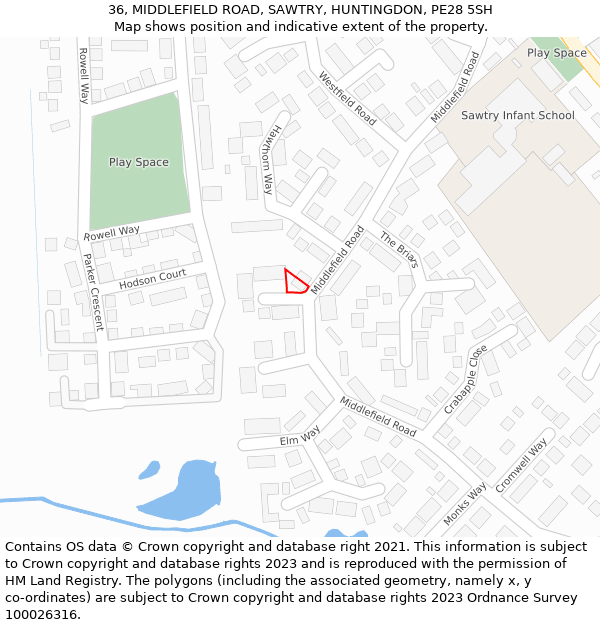 36, MIDDLEFIELD ROAD, SAWTRY, HUNTINGDON, PE28 5SH: Location map and indicative extent of plot