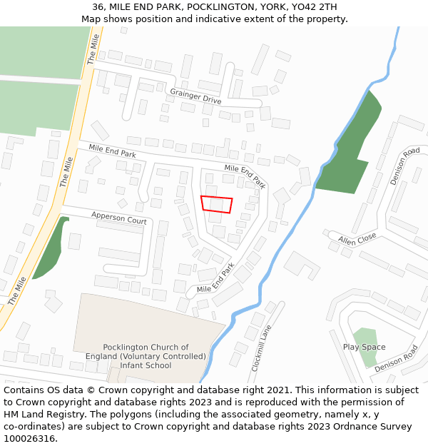 36, MILE END PARK, POCKLINGTON, YORK, YO42 2TH: Location map and indicative extent of plot