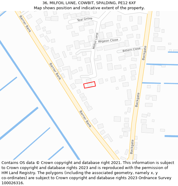 36, MILFOIL LANE, COWBIT, SPALDING, PE12 6XF: Location map and indicative extent of plot