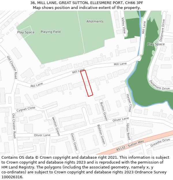 36, MILL LANE, GREAT SUTTON, ELLESMERE PORT, CH66 3PF: Location map and indicative extent of plot