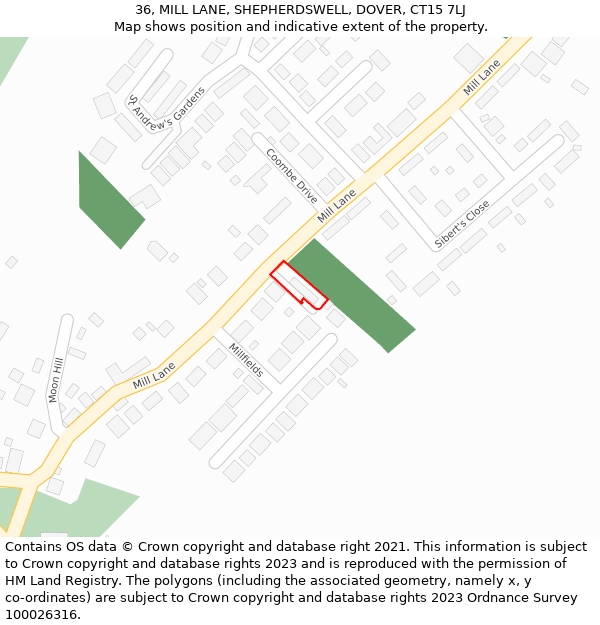 36, MILL LANE, SHEPHERDSWELL, DOVER, CT15 7LJ: Location map and indicative extent of plot