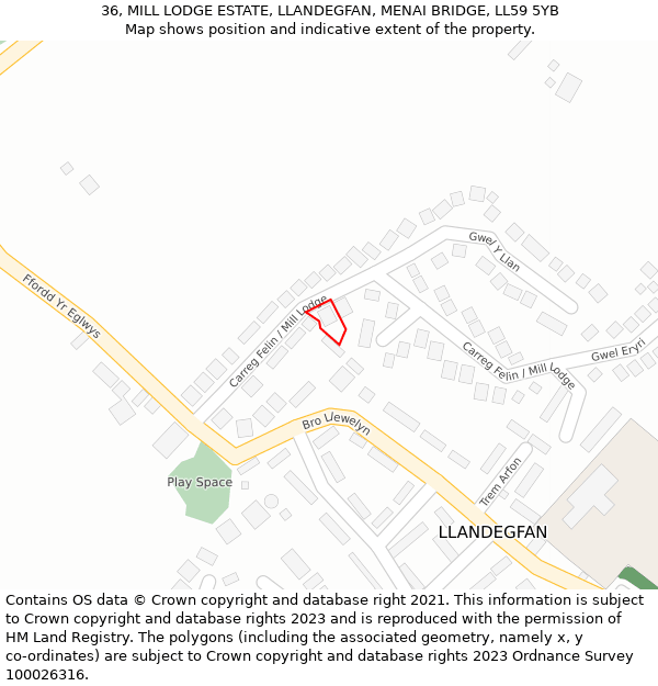 36, MILL LODGE ESTATE, LLANDEGFAN, MENAI BRIDGE, LL59 5YB: Location map and indicative extent of plot