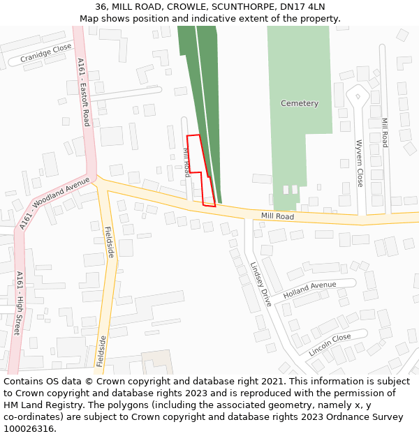 36, MILL ROAD, CROWLE, SCUNTHORPE, DN17 4LN: Location map and indicative extent of plot