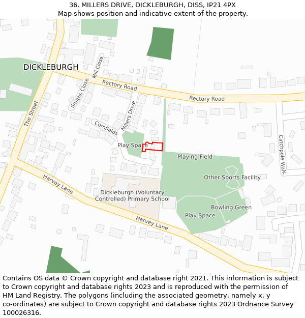 36, MILLERS DRIVE, DICKLEBURGH, DISS, IP21 4PX: Location map and indicative extent of plot